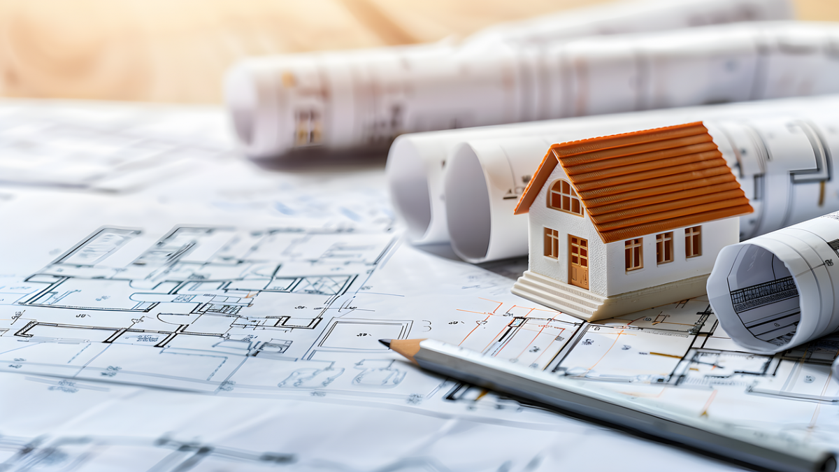 miniature house and gray pencil on a blueprint